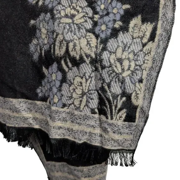 100% Cashmere Black Floral Paisley Scarf Shawl Wrap Fringe Soft Winter Cozy - Picture 5 of 7